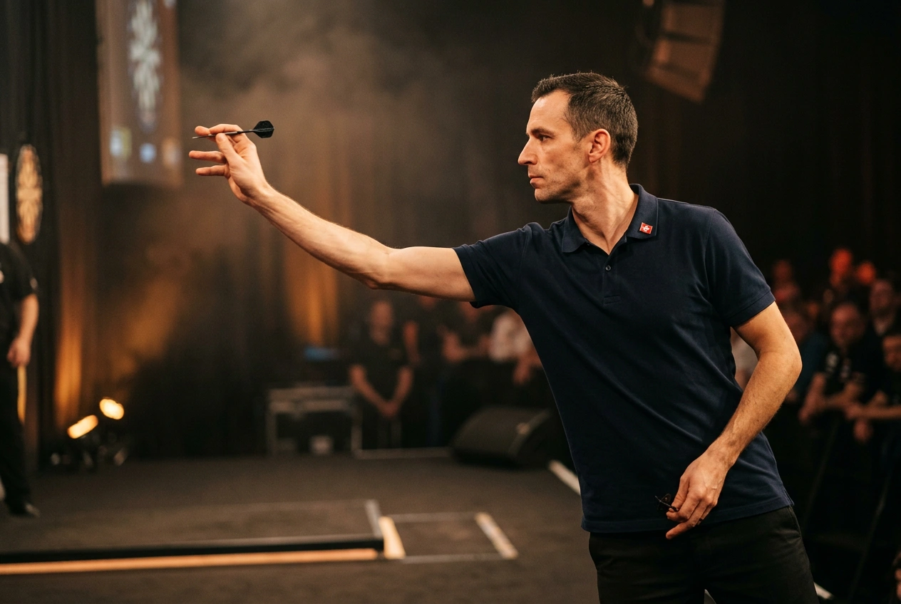 Schweizer Profi-Darts-Spieler im Wurf auf der PDC-Bühne: Symbolbild für die erstmalige Tour-Card-Präsenz aus der Schweiz