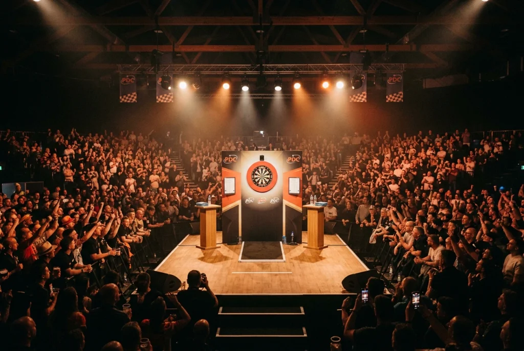 Volle Darts-Arena mit beleuchteter Bühne, Dartboard und zwei Wurfpodesten bei einem PDC-Major