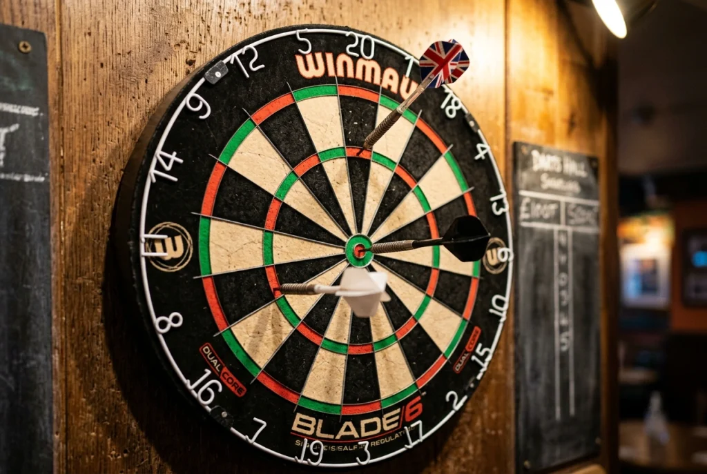 Dartboard mit drei Steeldarts in unterschiedlichen Segmenten: Triple 20, Doppel 16 und Bullseye