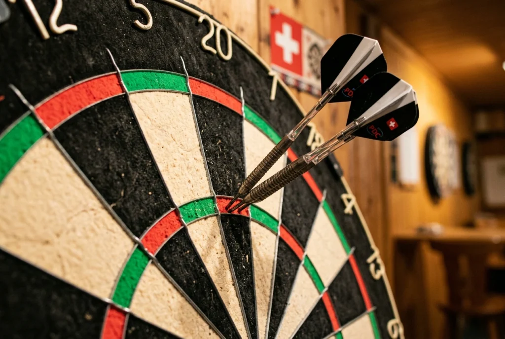 Drei Steeldarts dicht im Triple-20-Feld eines professionellen Tournament-Dartboards mit Schweizer Fahne im Hintergrund