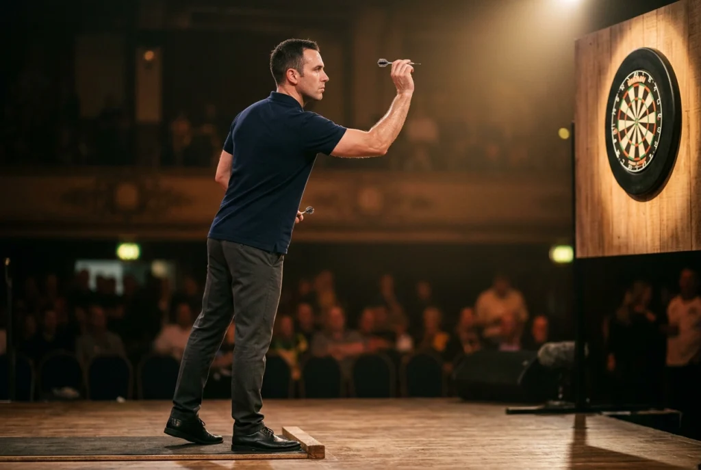 Konzentrierter Profi-Dartspieler an der Oche mit erhobenem Wurfarm und fixiertem Blick auf das Dartboard